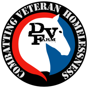 DV Farm logo which has a white horse head center with the text reading DV Farm in the middle. A red half circle to the left of the horse and blue half circle to its right. The outside circle is black with white text reading combatting veteran homelessness.